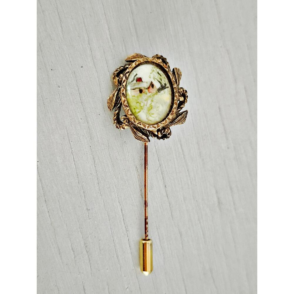 Vintage Country Scenic Painted Ceramic Gold-tone Hat Stick Pin